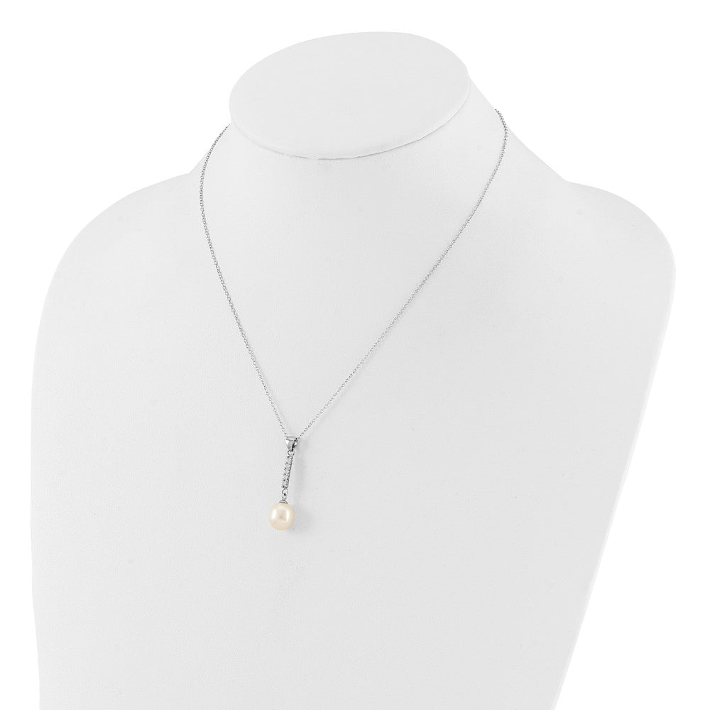 Sterling Silver Rhodium Plated Fwc Pearl/cz 17in Necklace and Post Earrings Set