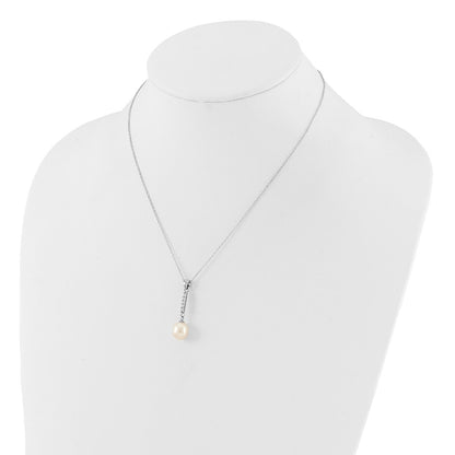 Sterling Silver Rhodium Plated Fwc Pearl/cz 17in Necklace and Post Earrings Set