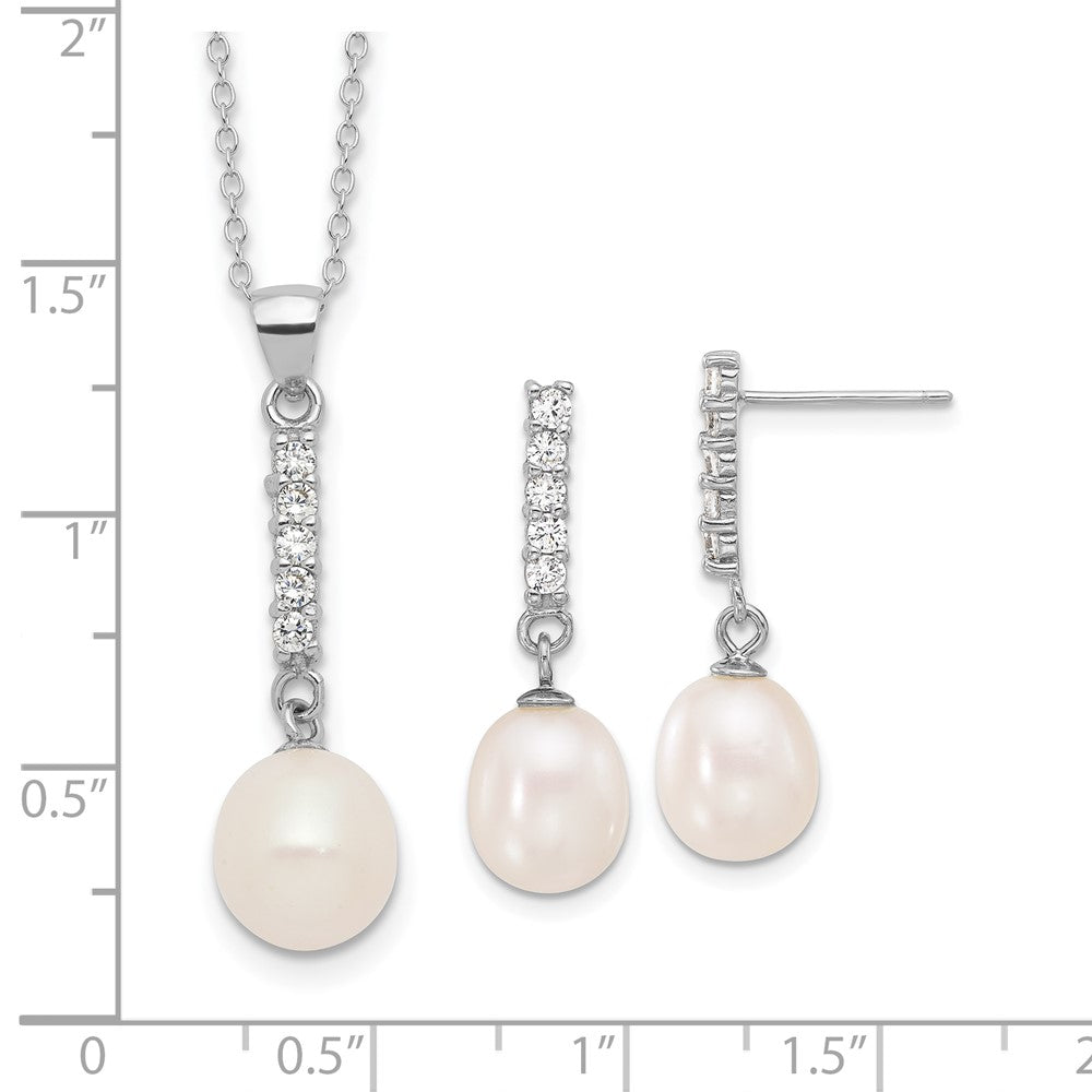 Sterling Silver Rhodium Plated Fwc Pearl/cz 17in Necklace and Post Earrings Set