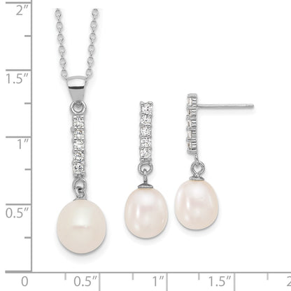 Sterling Silver Rhodium Plated Fwc Pearl/cz 17in Necklace and Post Earrings Set