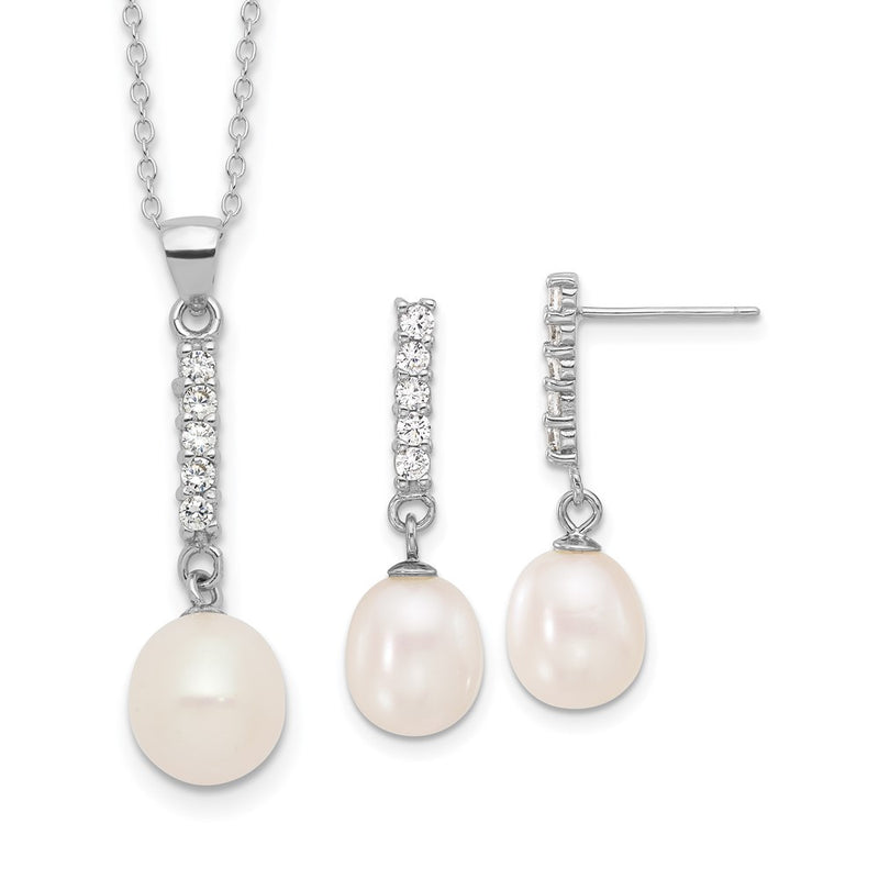 Sterling Silver Rhodium Plated Fwc Pearl/cz 17in Necklace and Post Earrings Set