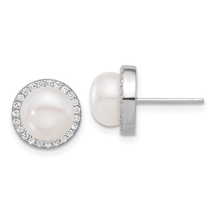 Sterling Silver Rhodium Plated 8-9.5mm Fwc Pearl/cz Necklace/post Earring Set