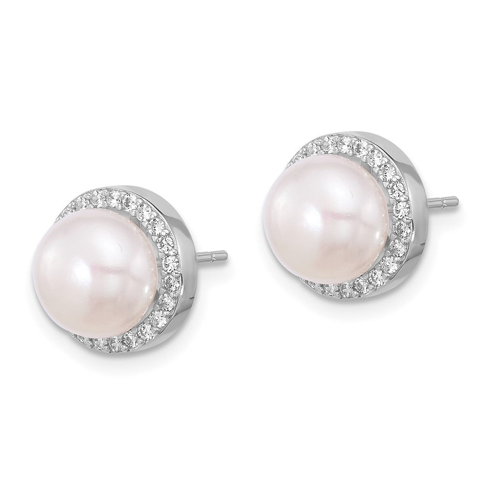 Sterling Silver Rhodium Plated 8-9.5mm Fwc Pearl/cz Necklace/post Earring Set