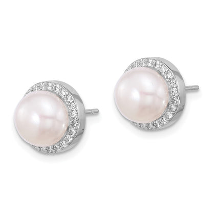 Sterling Silver Rhodium Plated 8-9.5mm Fwc Pearl/cz Necklace/post Earring Set