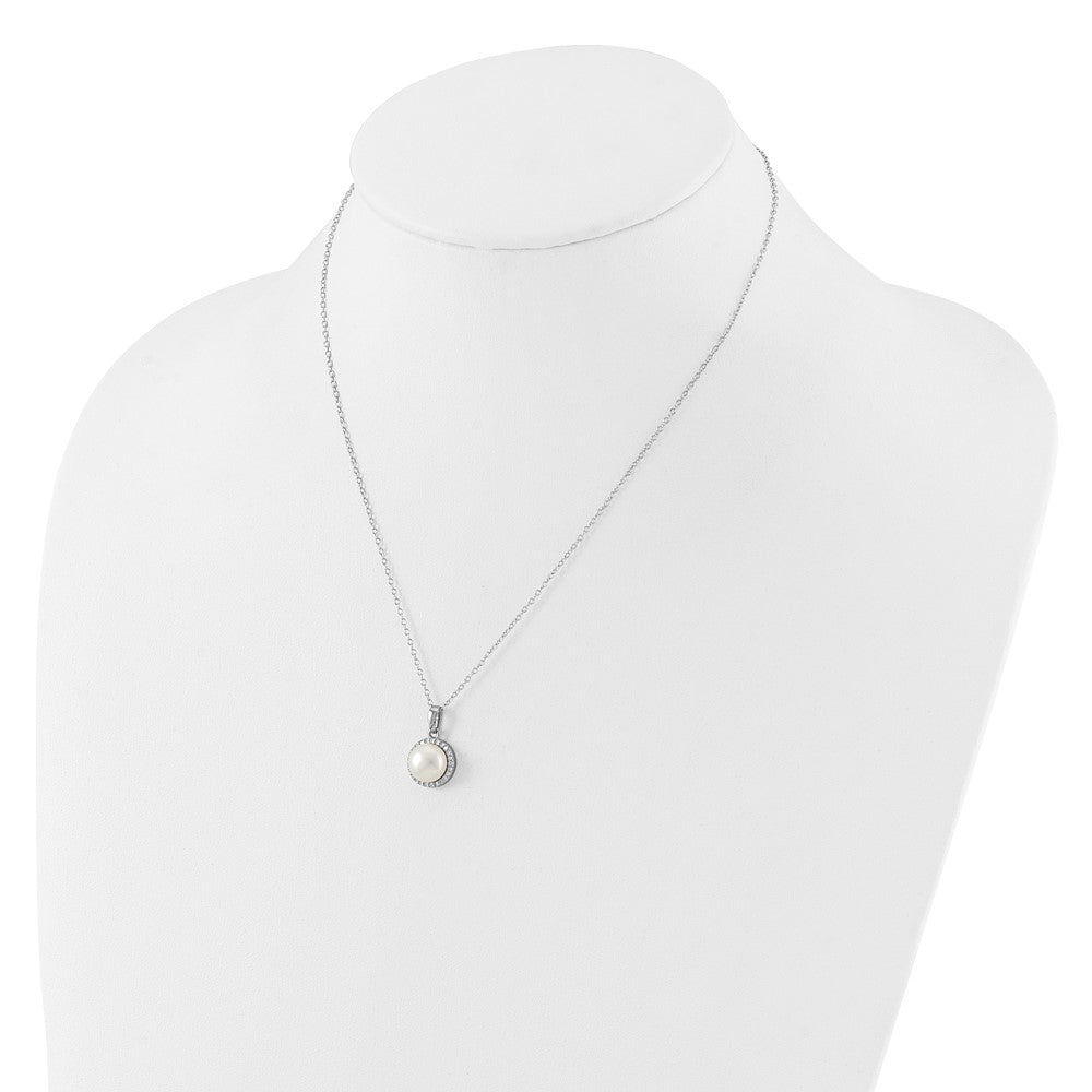 Sterling Silver Rhodium Plated 8-9.5mm Fwc Pearl/cz Necklace/post Earring Set