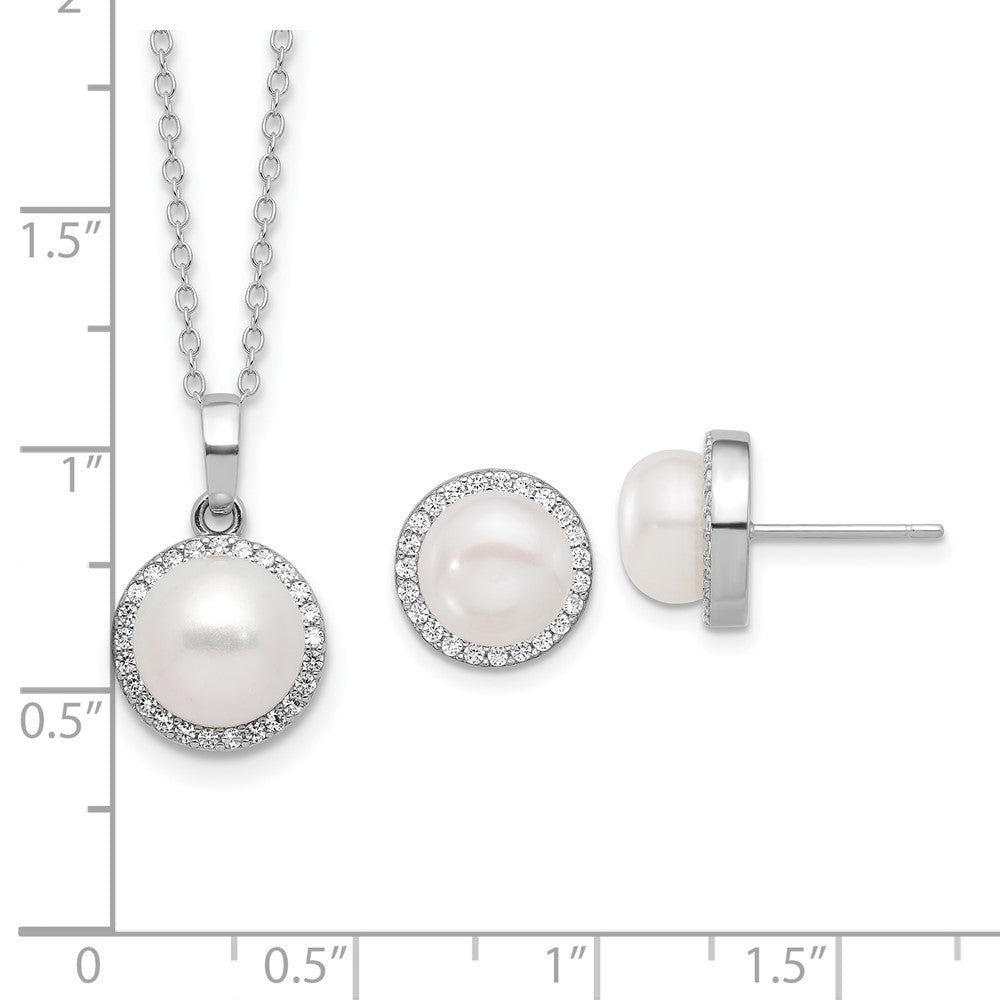 Sterling Silver Rhodium Plated 8-9.5mm Fwc Pearl/cz Necklace/post Earring Set