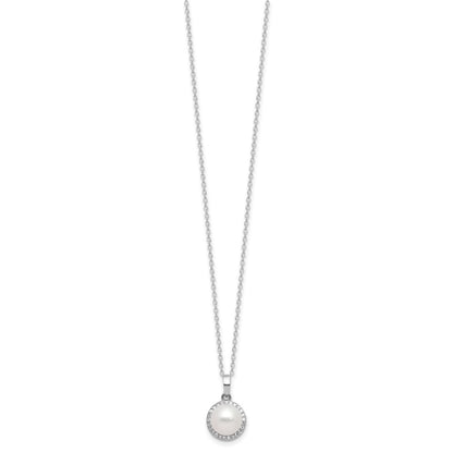 Sterling Silver Rhodium Plated 8-9.5mm Fwc Pearl/cz Necklace/post Earring Set