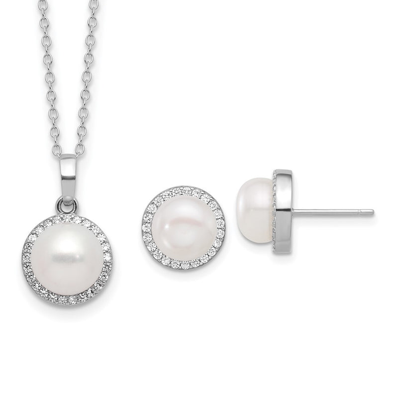 Sterling Silver Rhodium Plated 8-9.5mm Fwc Pearl/cz Necklace/post Earring Set
