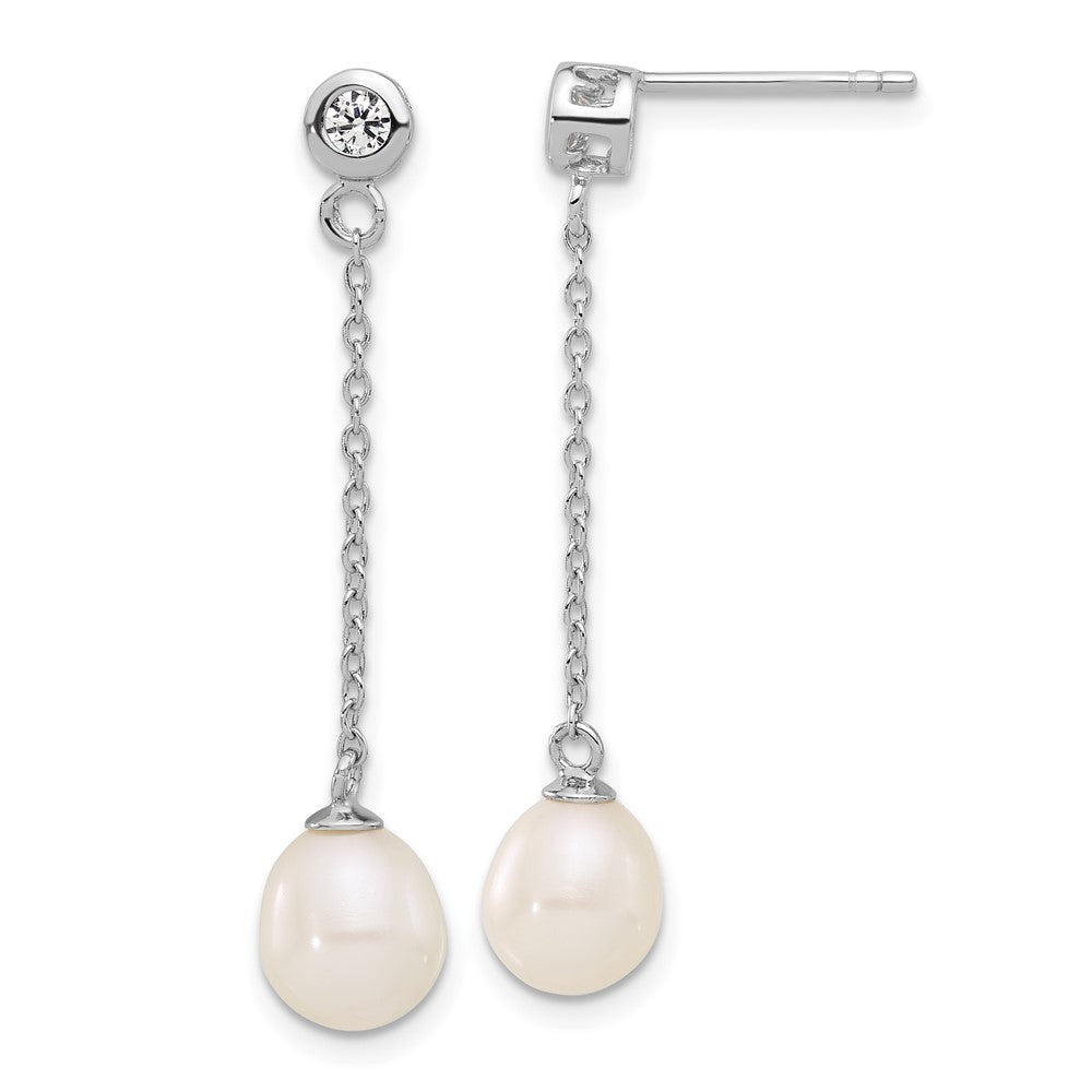 Sterling Silver Rhodium Plated 7-8mm Fwc Pearl/cz 17in Necklace/earrings Set