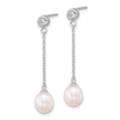 Sterling Silver Rhodium Plated 7-8mm Fwc Pearl/cz 17in Necklace/earrings Set