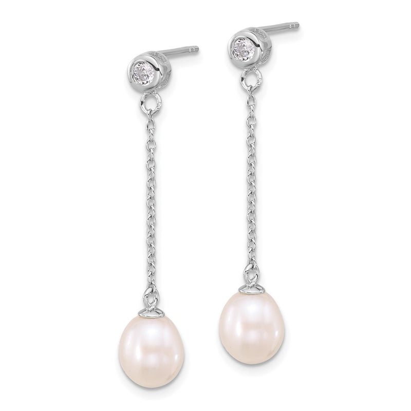 Sterling Silver Rhodium Plated 7-8mm Fwc Pearl/cz 17in Necklace/earrings Set