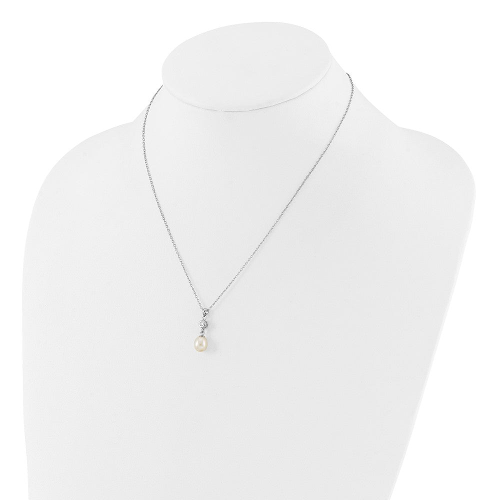 Sterling Silver Rhodium Plated 7-8mm Fwc Pearl/cz 17in Necklace/earrings Set