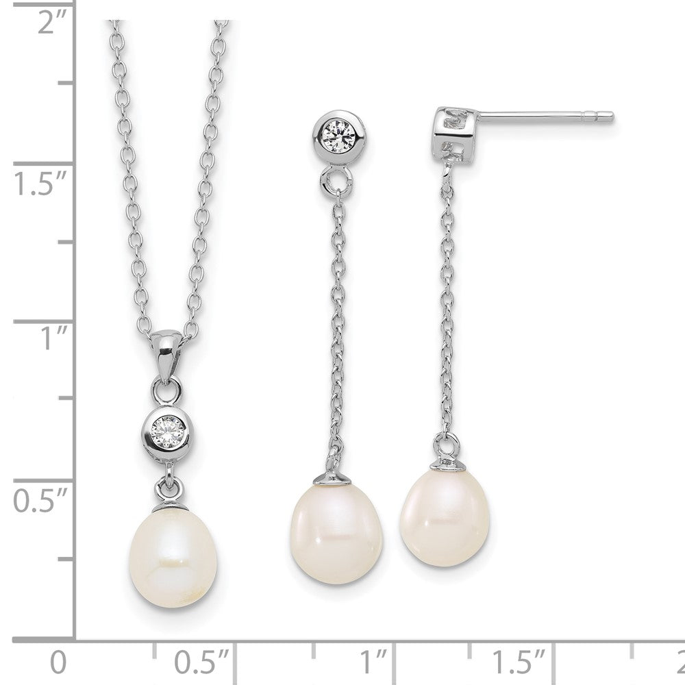 Sterling Silver Rhodium Plated 7-8mm Fwc Pearl/cz 17in Necklace/earrings Set
