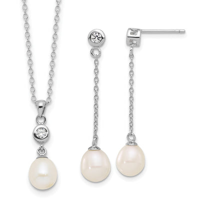 Sterling Silver Rhodium Plated 7-8mm Fwc Pearl/cz 17in Necklace/earrings Set