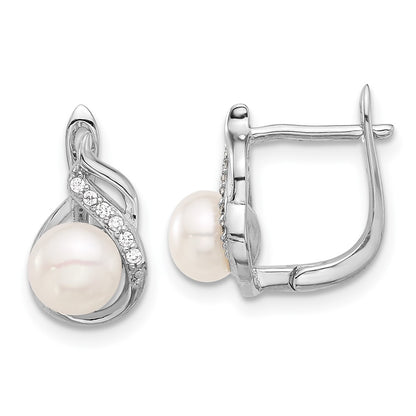 Sterling Silver Rhodium Plated 6-9mm Fwc Pearl/cz 17in Necklace/earrings Set
