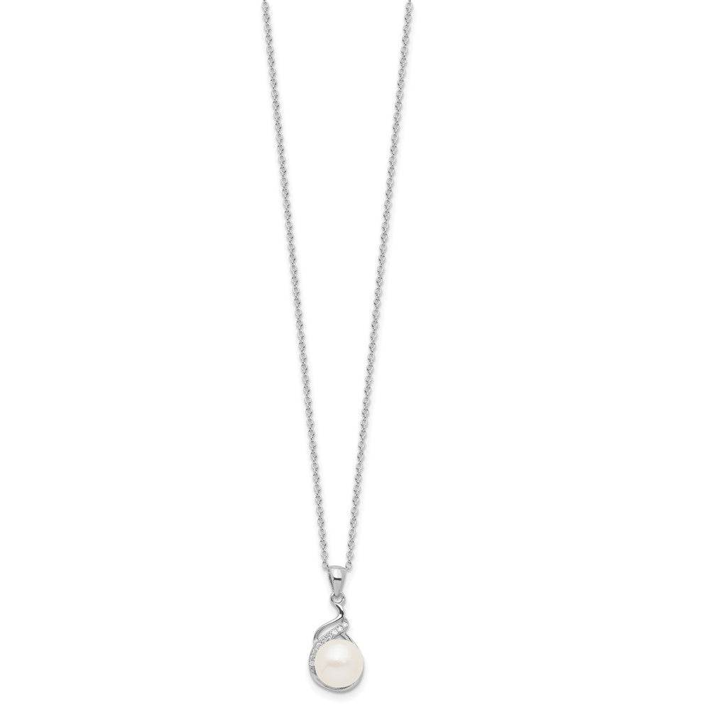 Sterling Silver Rhodium Plated 6-9mm Fwc Pearl/cz 17in Necklace/earrings Set