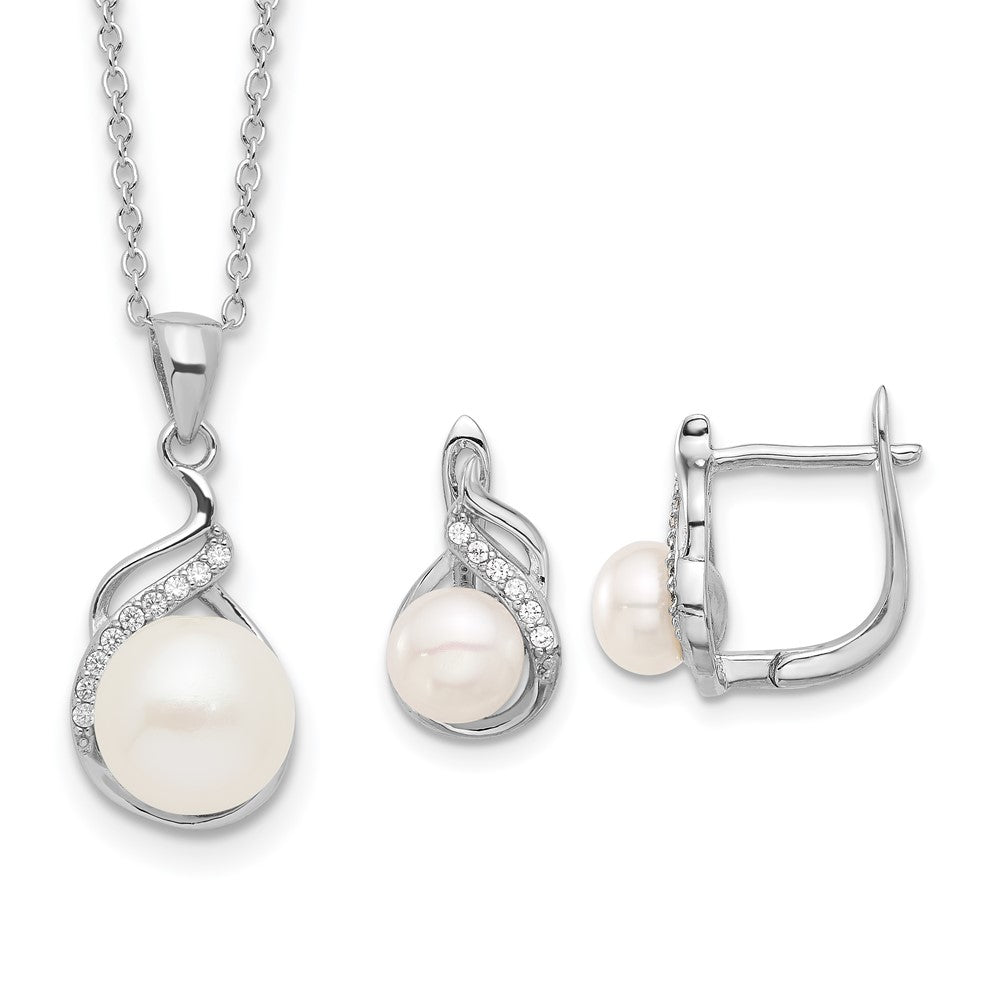 Sterling Silver Rhodium Plated 6-9mm Fwc Pearl/cz 17in Necklace/earrings Set