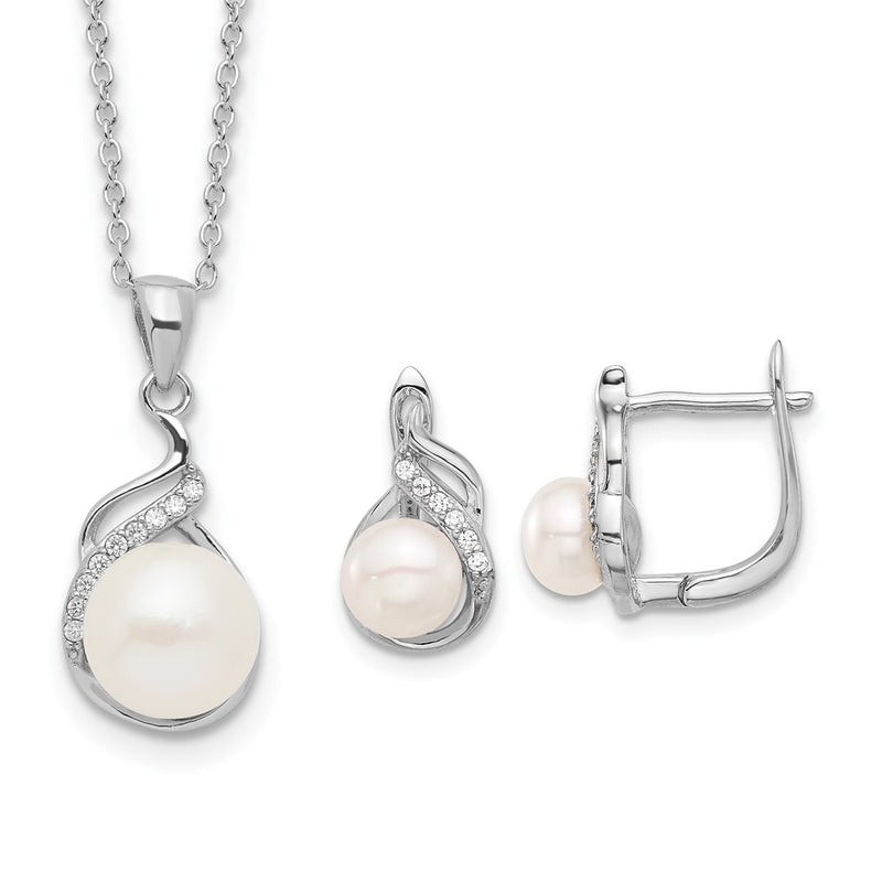 Sterling Silver Rhodium Plated 6-9mm Fwc Pearl/cz 17in Necklace/earrings Set