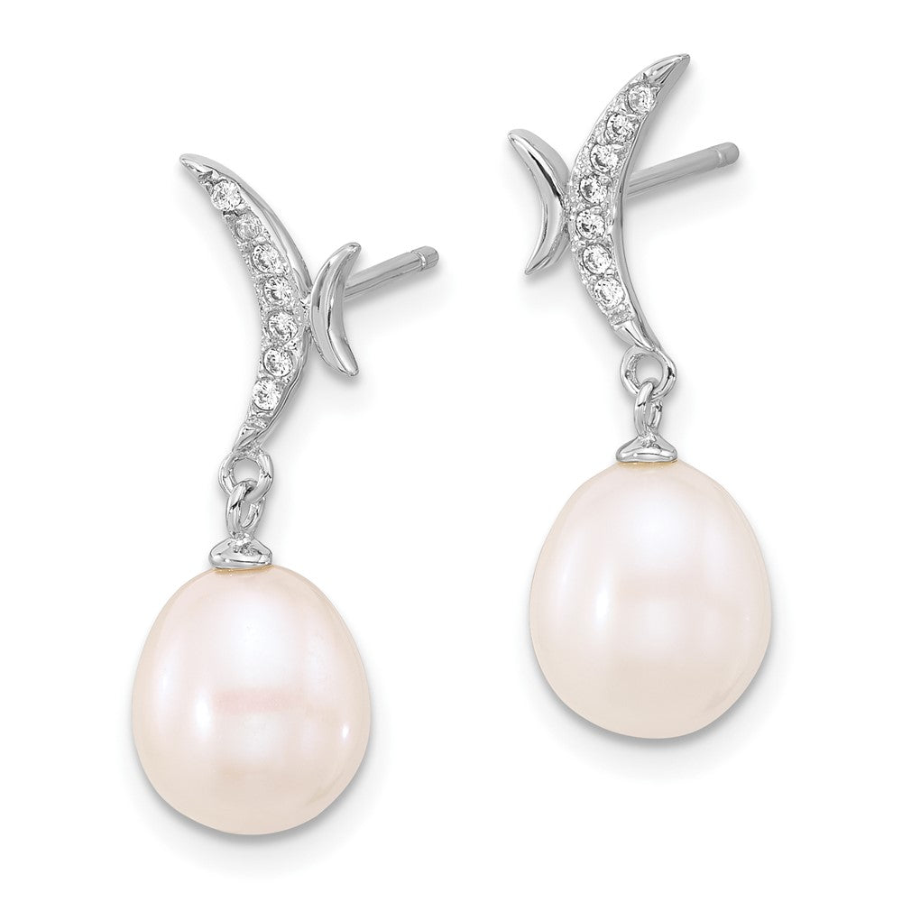 Sterling Silver Rhodium Plated 7-9mm Fwc Pearl/cz Necklace/post Earrings Set