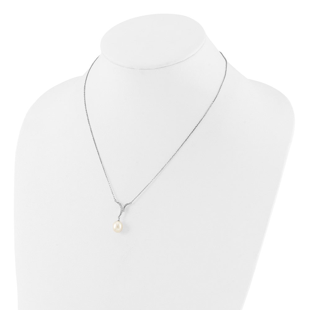 Sterling Silver Rhodium Plated 7-9mm Fwc Pearl/cz Necklace/post Earrings Set