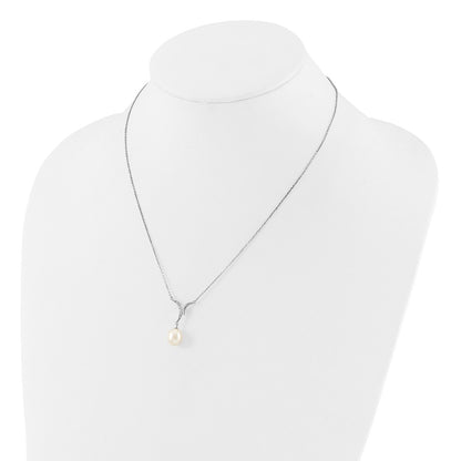 Sterling Silver Rhodium Plated 7-9mm Fwc Pearl/cz Necklace/post Earrings Set