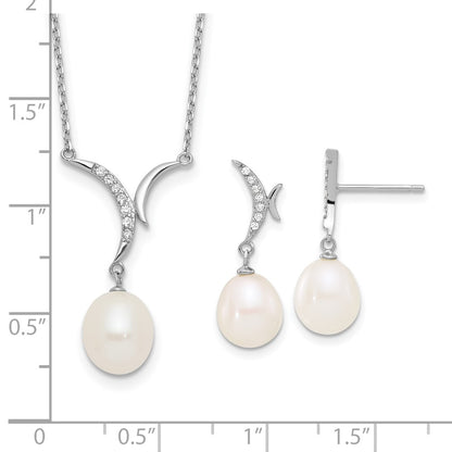 Sterling Silver Rhodium Plated 7-9mm Fwc Pearl/cz Necklace/post Earrings Set