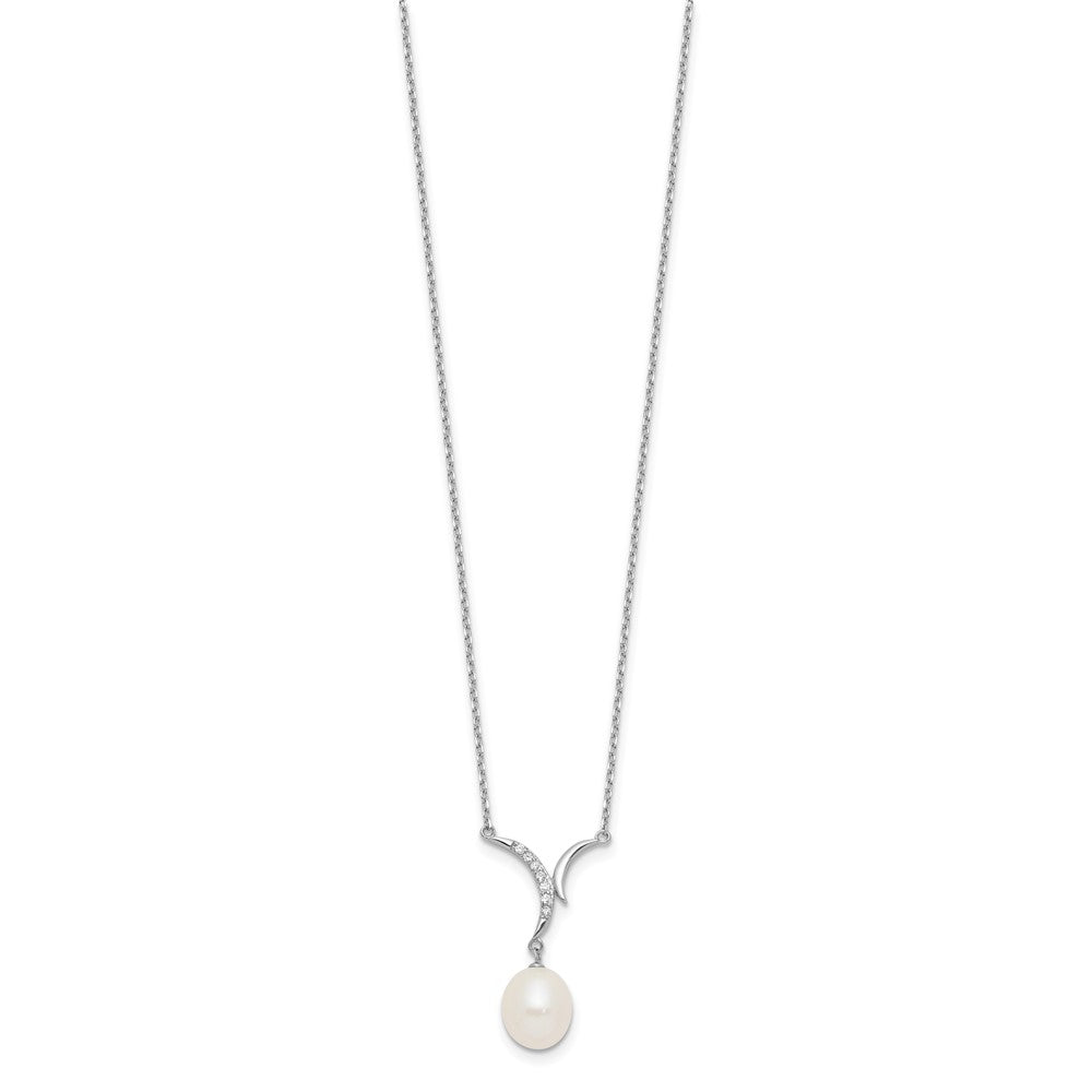 Sterling Silver Rhodium Plated 7-9mm Fwc Pearl/cz Necklace/post Earrings Set