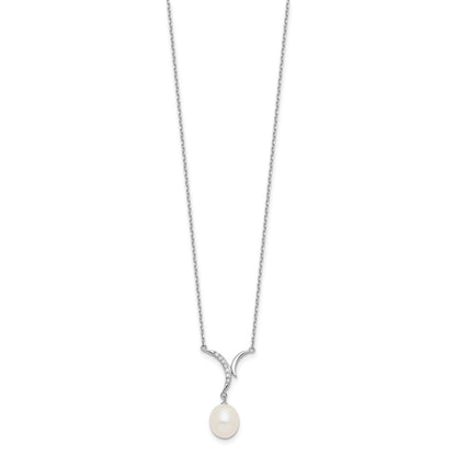 Sterling Silver Rhodium Plated 7-9mm Fwc Pearl/cz Necklace/post Earrings Set