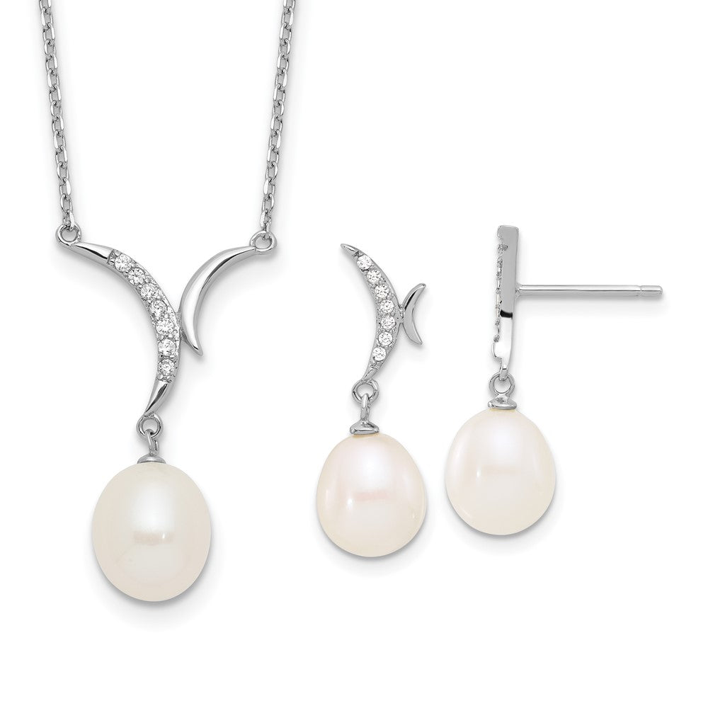Sterling Silver Rhodium Plated 7-9mm Fwc Pearl/cz Necklace/post Earrings Set