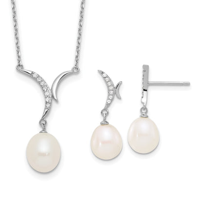 Sterling Silver Rhodium Plated 7-9mm Fwc Pearl/cz Necklace/post Earrings Set
