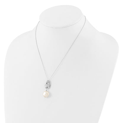 Sterling Silver Rhodium Plated 13-14mm Fwc Pearl 17in Necklace/earring Set