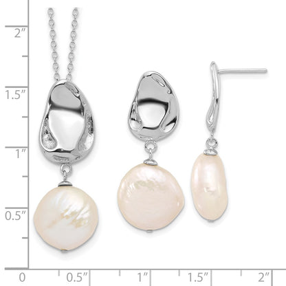 Sterling Silver Rhodium Plated 13-14mm Fwc Pearl 17in Necklace/earring Set