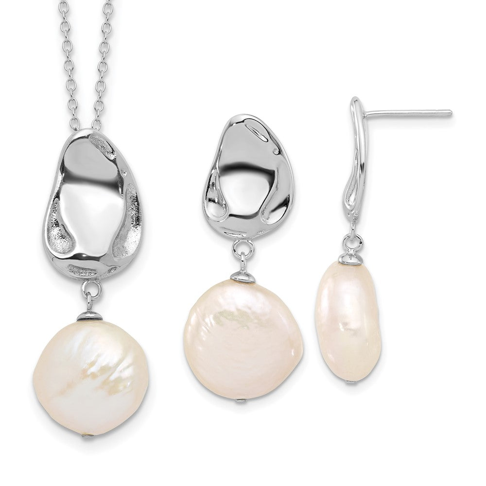 Sterling Silver Rhodium Plated 13-14mm Fwc Pearl 17in Necklace/earring Set