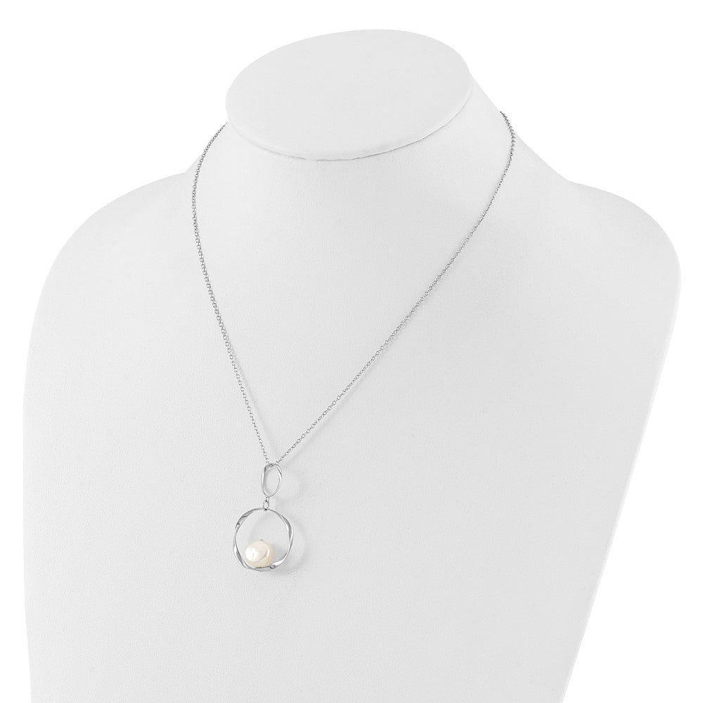 Sterling Silver Rhodium Plated 10-11mm Fwc Pearl w/1.75in Neck/earring Set