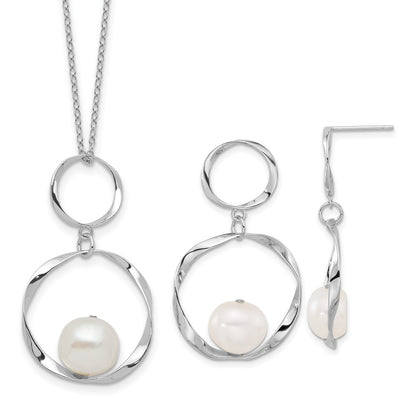 Sterling Silver Rhodium Plated 10-11mm Fwc Pearl w/1.75in Neck/earring Set