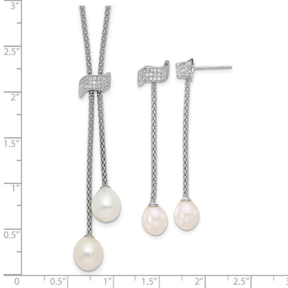 Sterling Silver Rhodium Plated Fwc Pearl/cz w/2in Ext Necklace/earrings Set