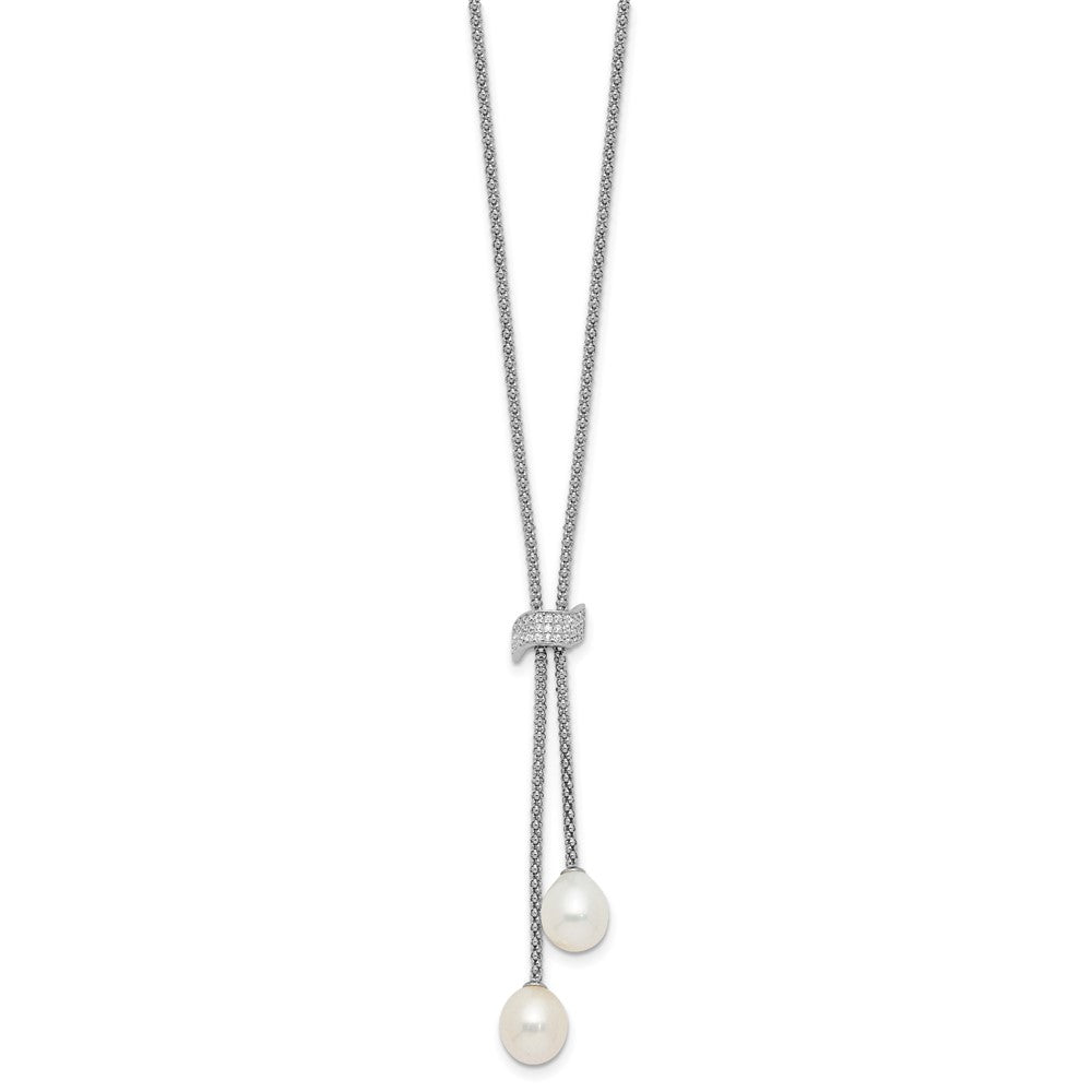 Sterling Silver Rhodium Plated Fwc Pearl/cz w/2in Ext Necklace/earrings Set
