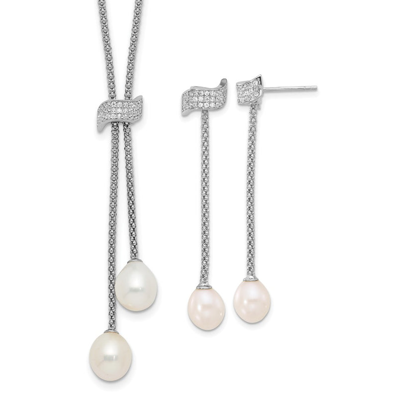 Sterling Silver Rhodium Plated Fwc Pearl/cz w/2in Ext Necklace/earrings Set
