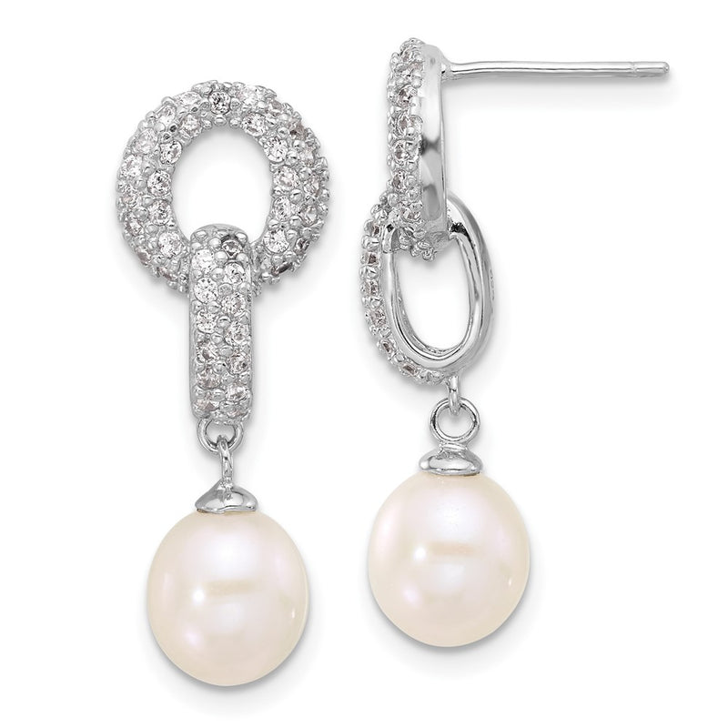 Sterling Silver Rhodium Plated 7-9mm Fwc Pearl/cz Necklace/post Earrings Set