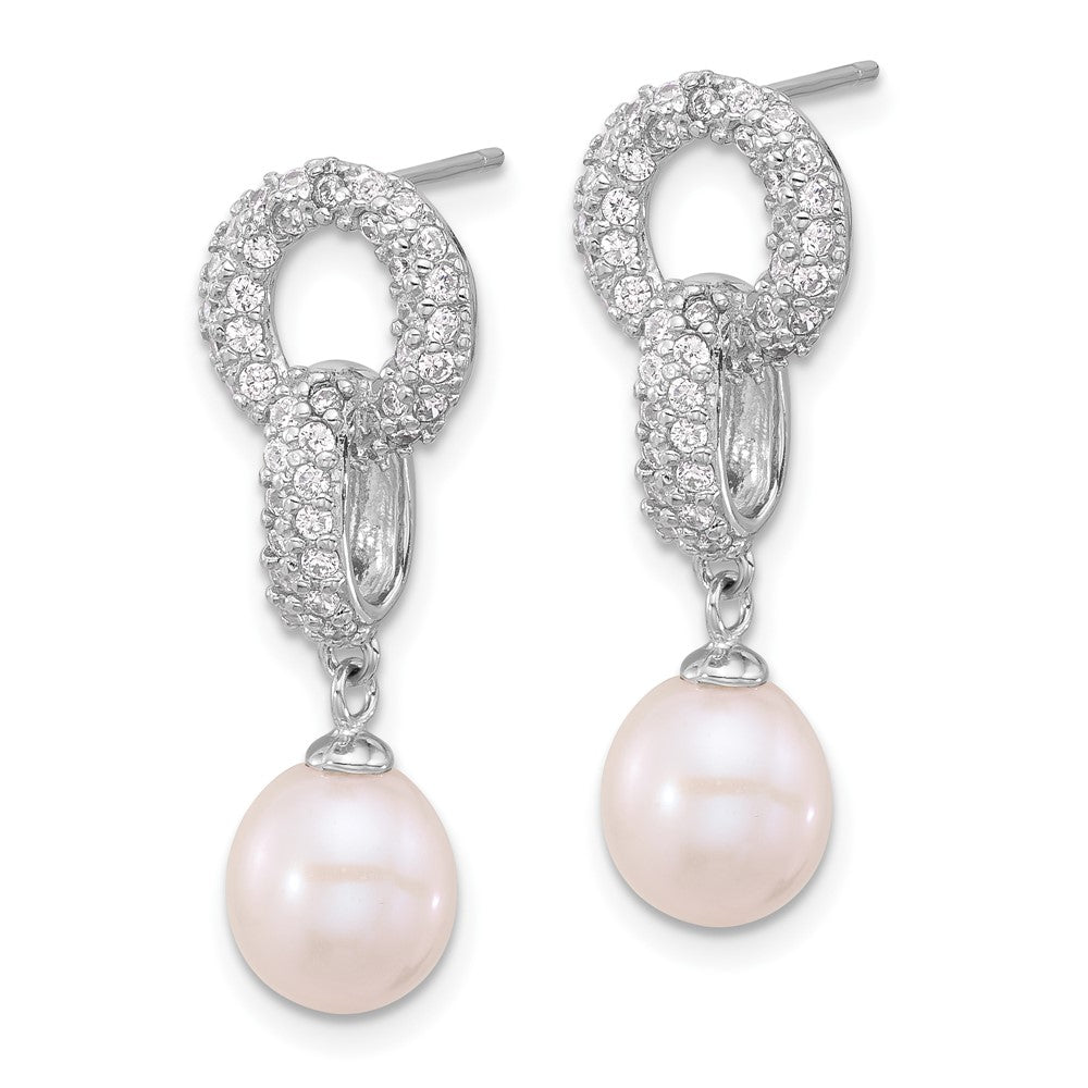 Sterling Silver Rhodium Plated 7-9mm Fwc Pearl/cz Necklace/post Earrings Set