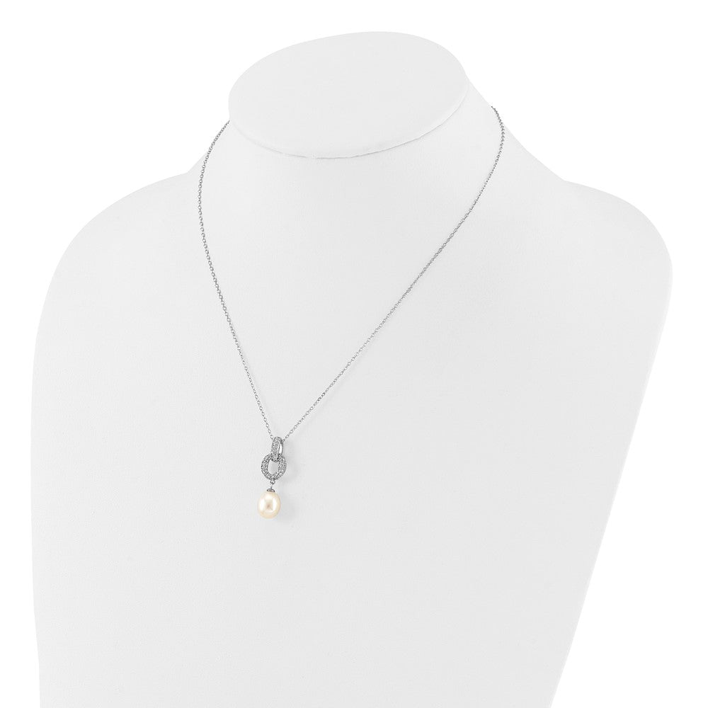 Sterling Silver Rhodium Plated 7-9mm Fwc Pearl/cz Necklace/post Earrings Set