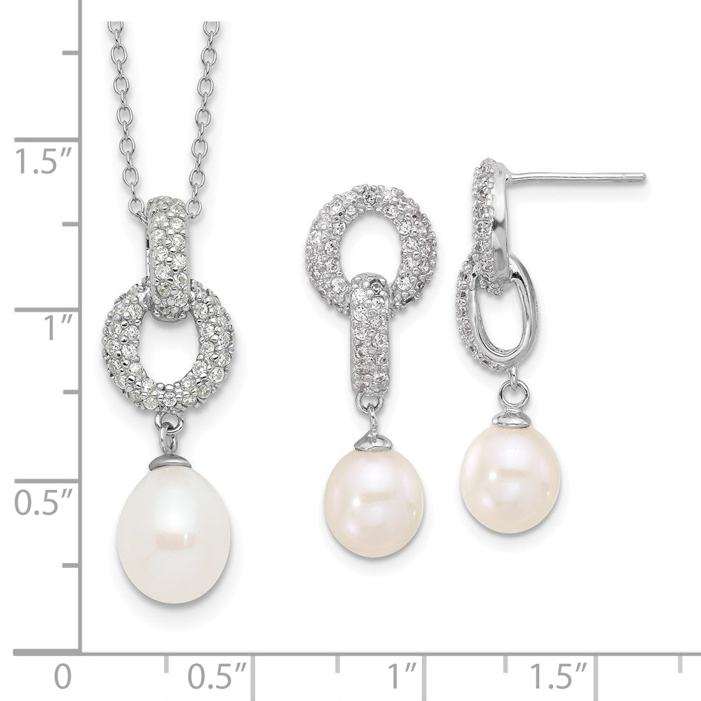 Sterling Silver Rhodium Plated 7-9mm Fwc Pearl/cz Necklace/post Earrings Set