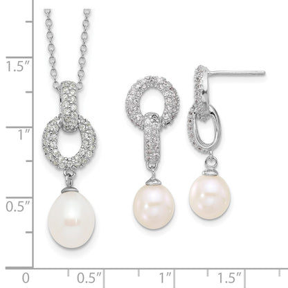Sterling Silver Rhodium Plated 7-9mm Fwc Pearl/cz Necklace/post Earrings Set