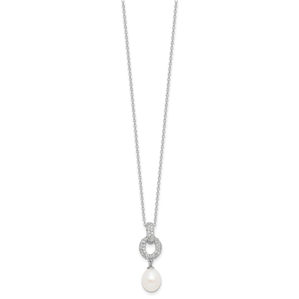 Sterling Silver Rhodium Plated 7-9mm Fwc Pearl/cz Necklace/post Earrings Set