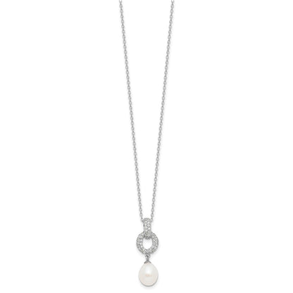 Sterling Silver Rhodium Plated 7-9mm Fwc Pearl/cz Necklace/post Earrings Set