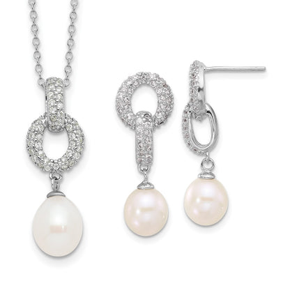 Sterling Silver Rhodium Plated 7-9mm Fwc Pearl/cz Necklace/post Earrings Set