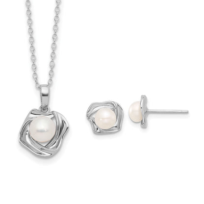 Sterling Silver Rhodium-Plated 5-7mm Fwc Pearl 18in Necklace/earring Set