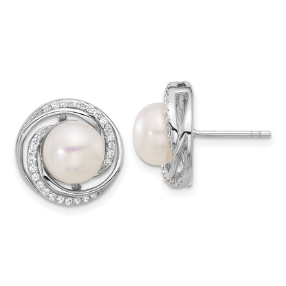 Sterling Silver Rhodium Plated 8-10mm Fwc Pearl/cz Necklace/post Earrings Set