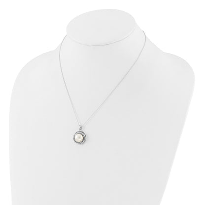 Sterling Silver Rhodium Plated 8-10mm Fwc Pearl/cz Necklace/post Earrings Set