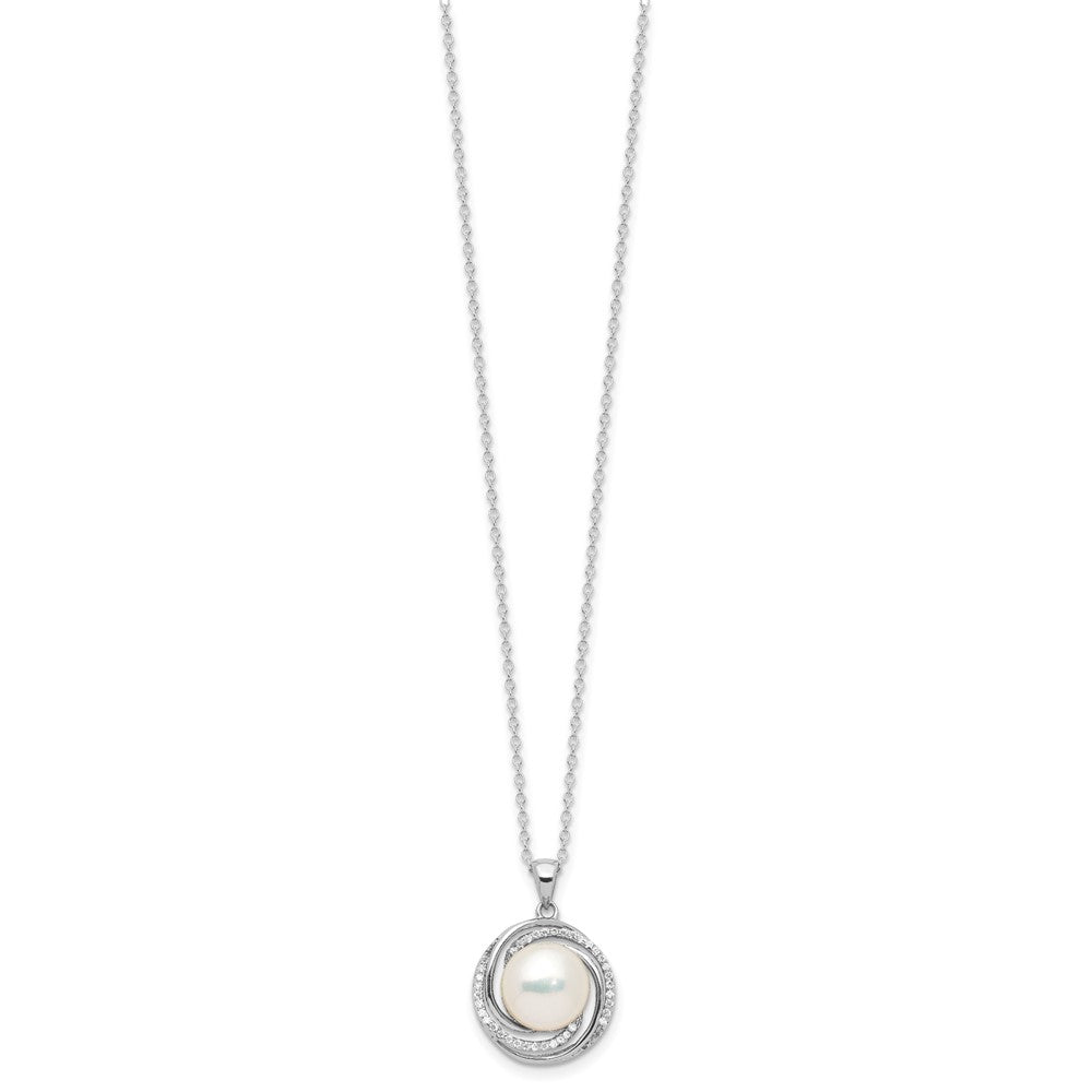 Sterling Silver Rhodium Plated 8-10mm Fwc Pearl/cz Necklace/post Earrings Set